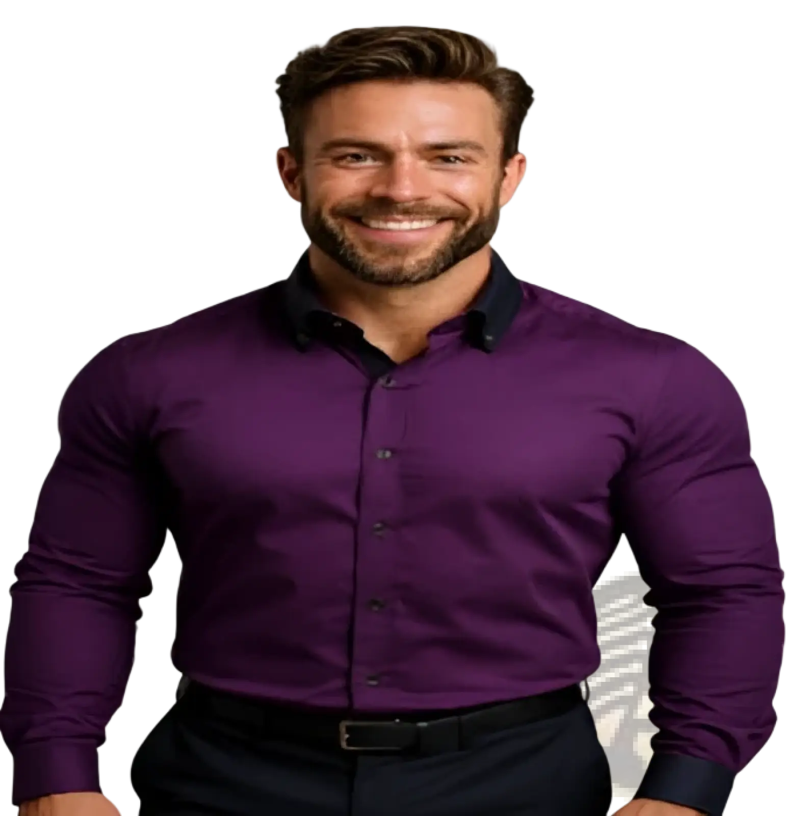 A man wearing a men’s premium slim fit long sleeve purple dress shirt with black collar and cuff accents