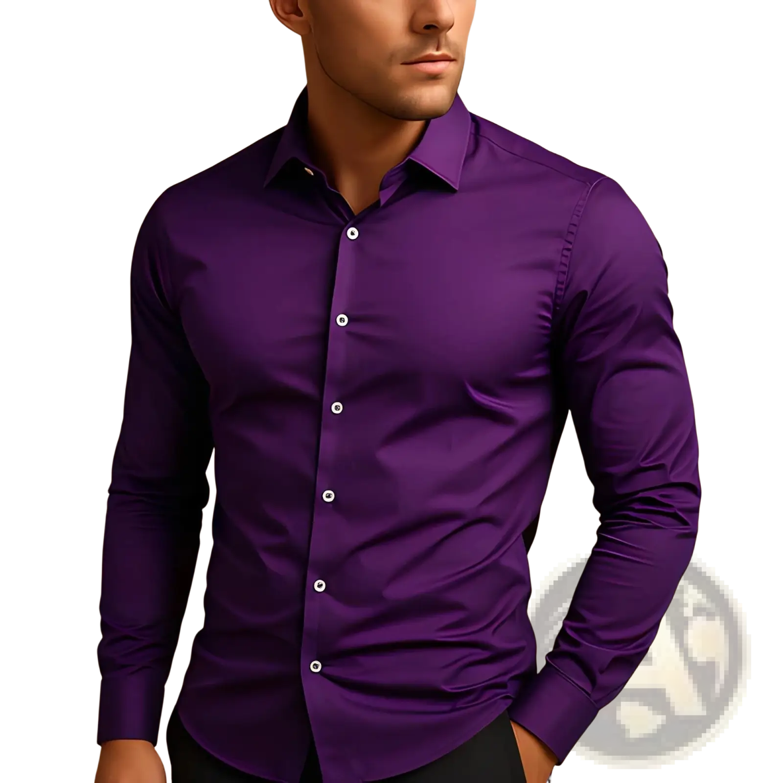 Men’s premium slim fit long sleeve button down dress shirt in deep purple with tailored fit and white buttons