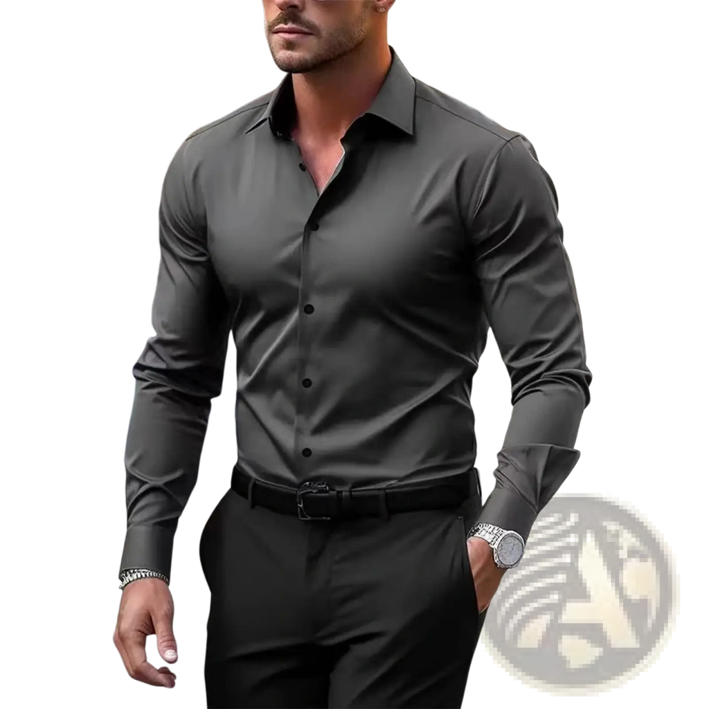 Men’s premium slim fit long sleeve button down dress shirt in sleek dark gray with classic collar and button front
