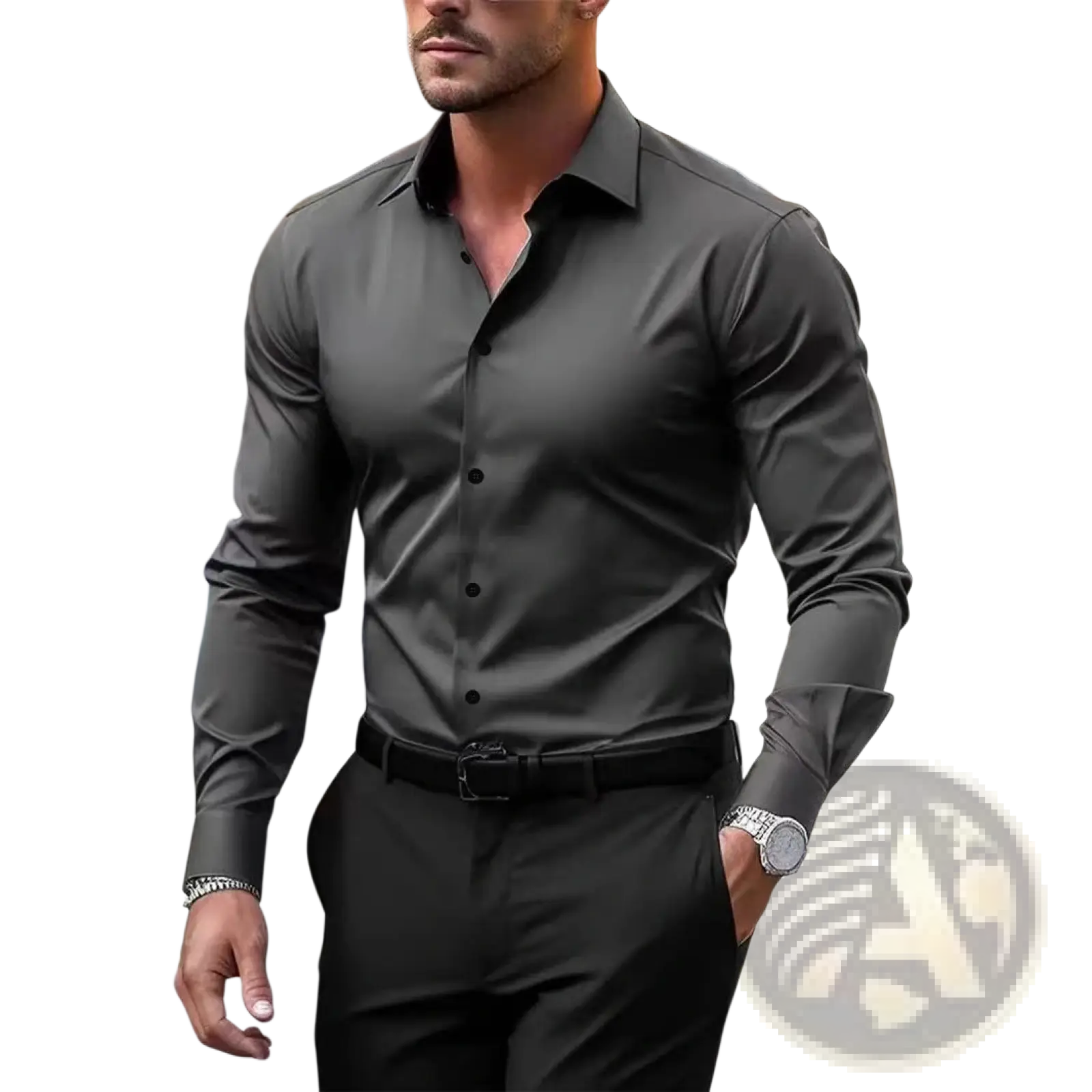 Men’s premium slim fit long sleeve button down dress shirt in sleek dark gray with classic collar and button front