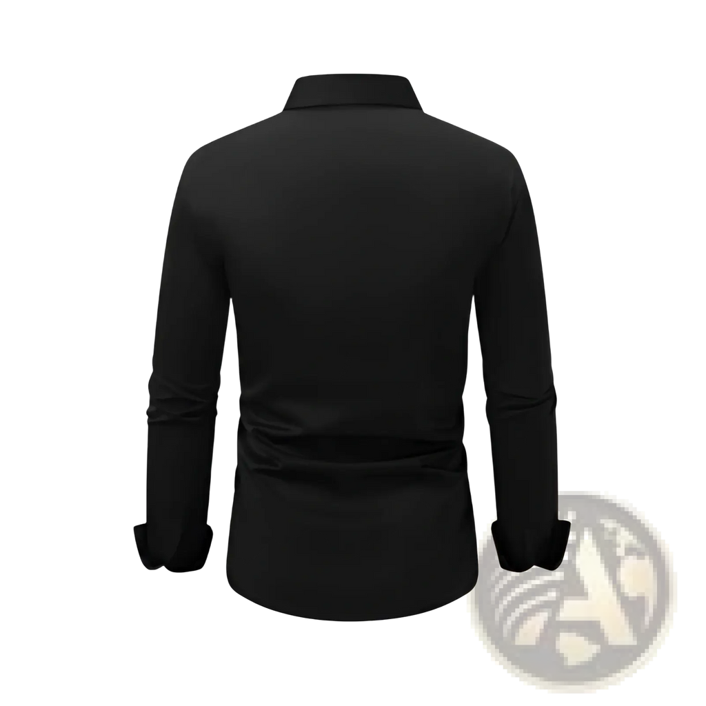 Men’s premium slim fit black long sleeve button down dress shirt with classic collar and neatly folded cuffs