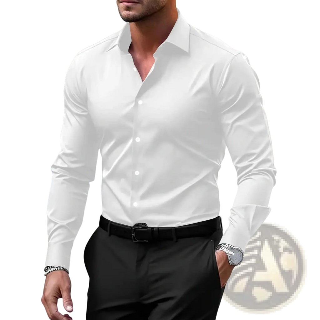 A crisp white men’s premium slim fit long sleeve button down dress shirt with classic collar and button front