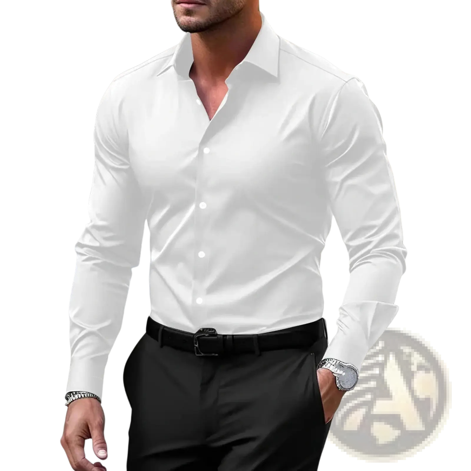 A crisp white men’s premium slim fit long sleeve button down dress shirt with classic collar and button front