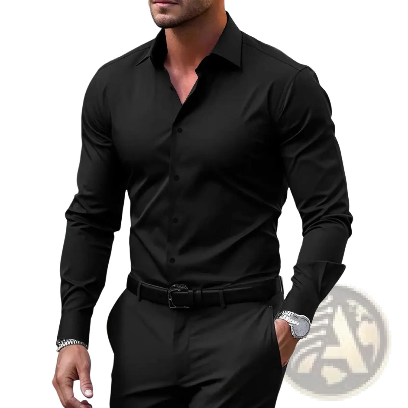 Men’s premium slim fit long sleeve black dress shirt with classic collar and button down front for formal wear
