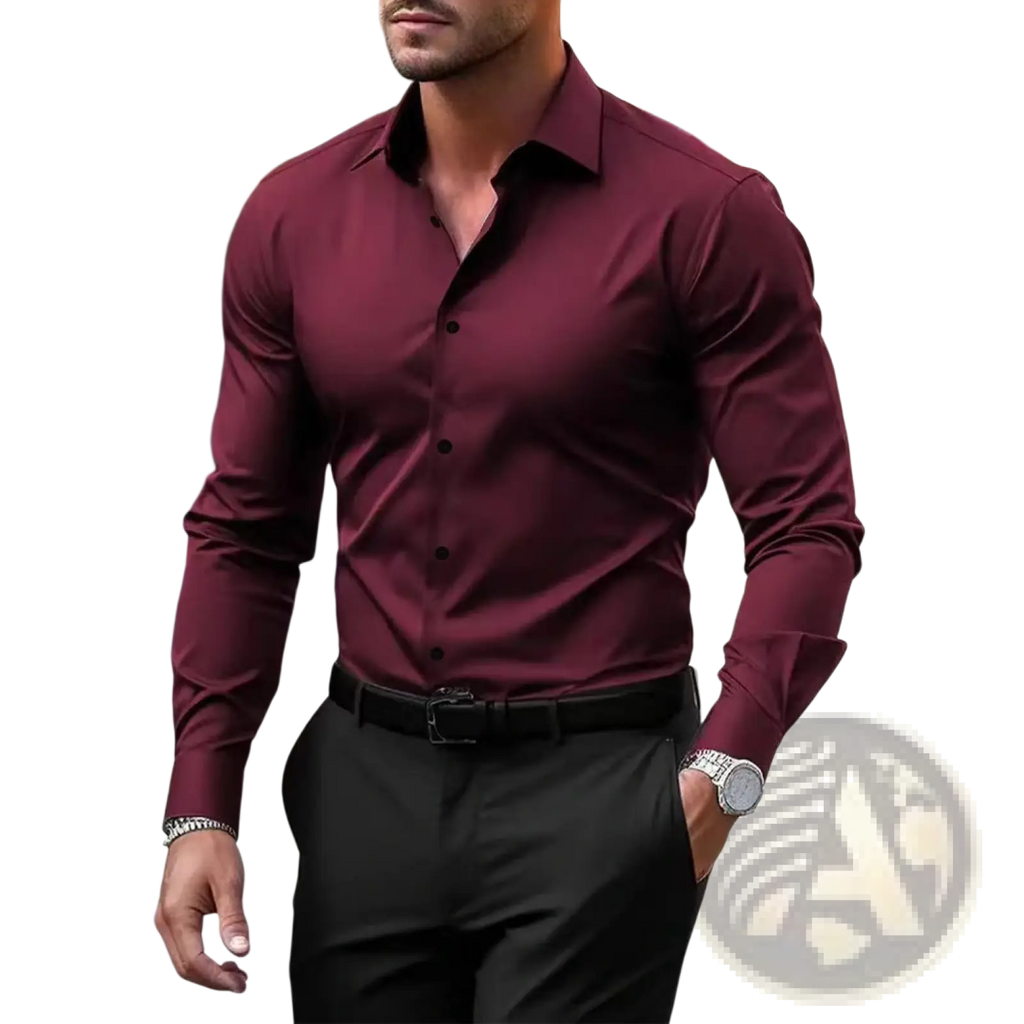 A sleek burgundy men’s premium slim fit long sleeve button down dress shirt with a classic collar