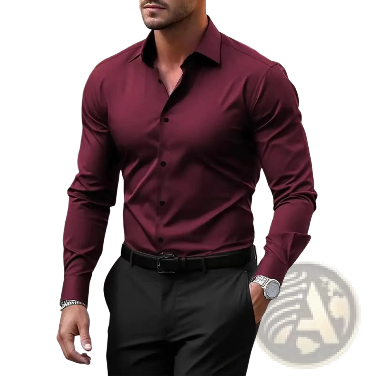 A sleek burgundy men’s premium slim fit long sleeve button down dress shirt with a classic collar