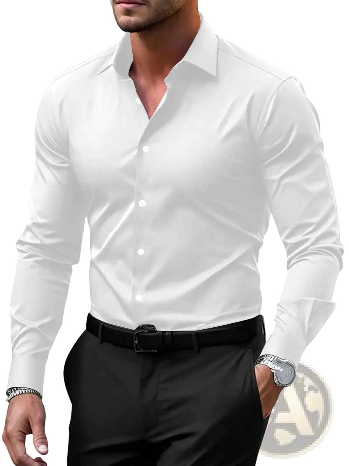 Men’s premium slim fit long sleeve white dress shirt with classic collar and button down front