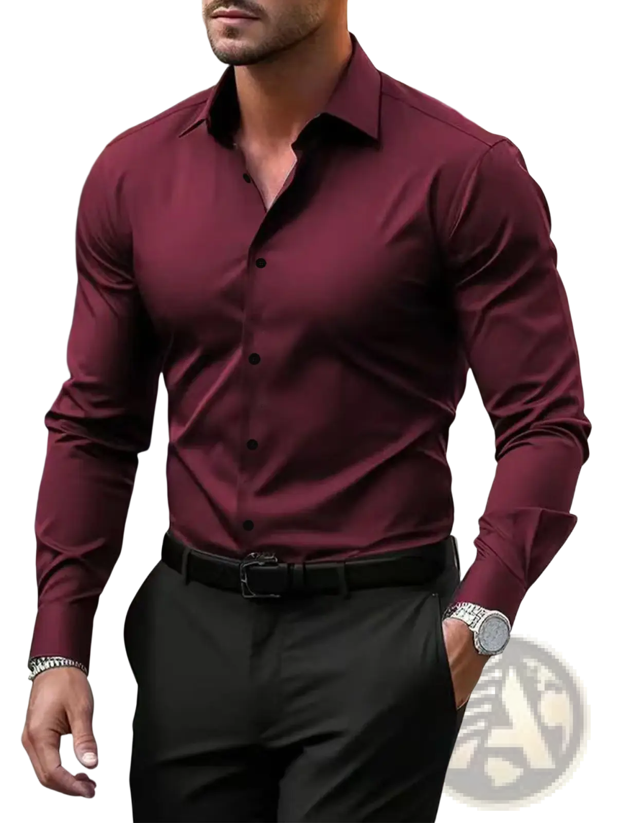 Men’s premium slim fit long sleeve maroon dress shirt with classic collar and button down front for formal wear
