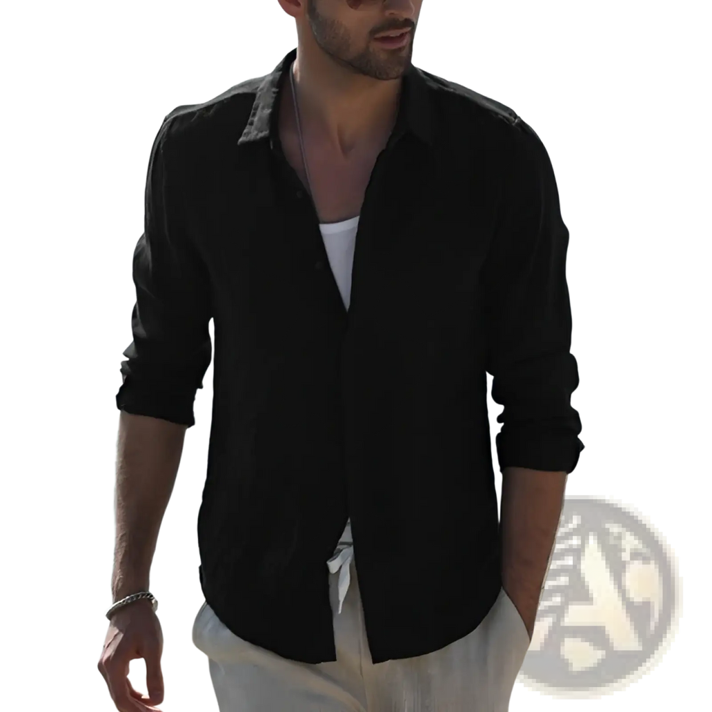Men’s premium textured linen blend long sleeve black shirt with button-up front and rolled sleeves in a relaxed fit