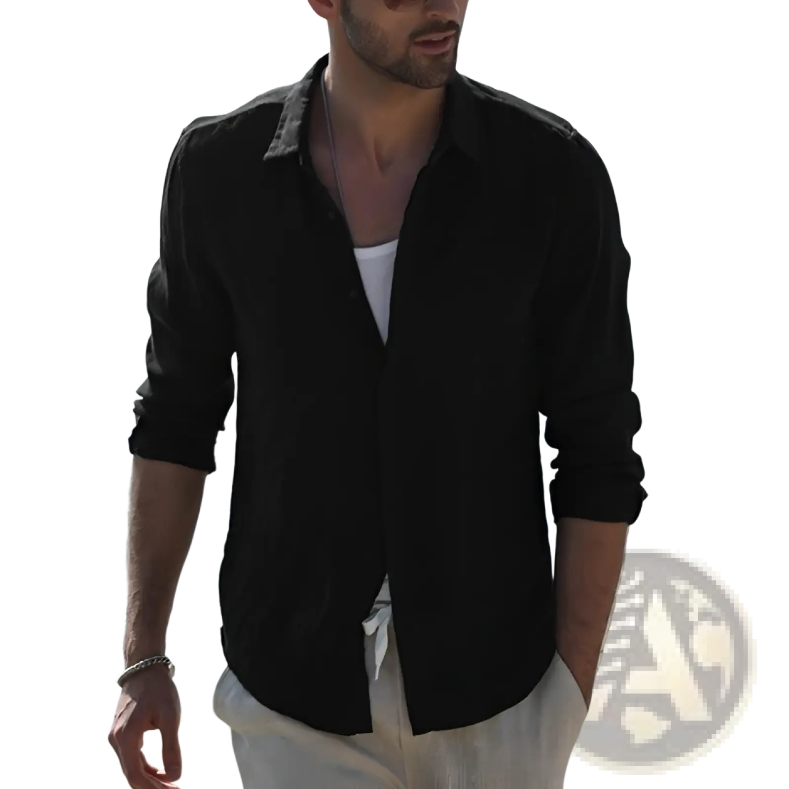 Men’s premium textured linen blend long sleeve black shirt with button-up front and rolled sleeves in a relaxed fit