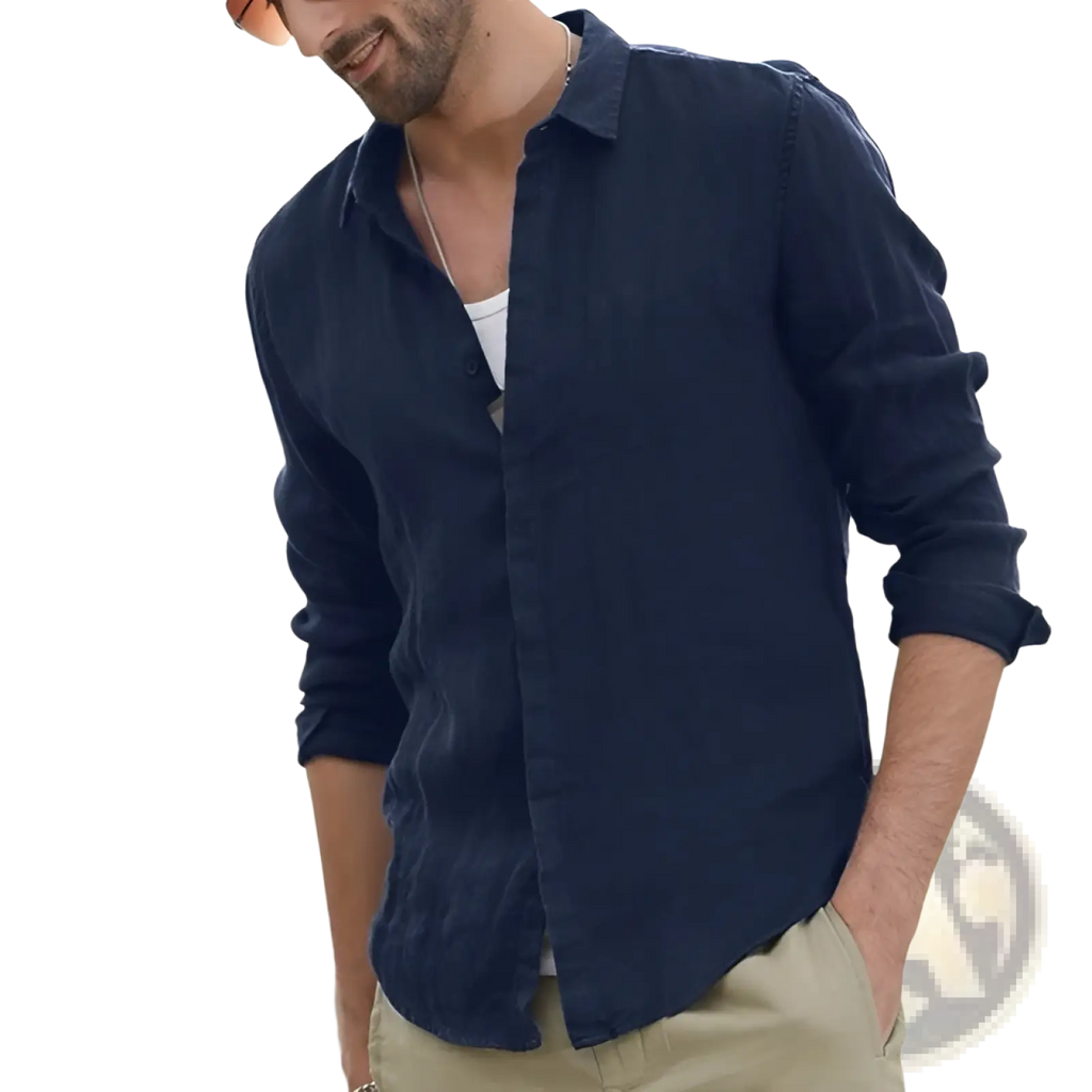 Men’s premium textured navy blue linen blend long sleeve button-up shirt with rolled sleeves and subtle texture