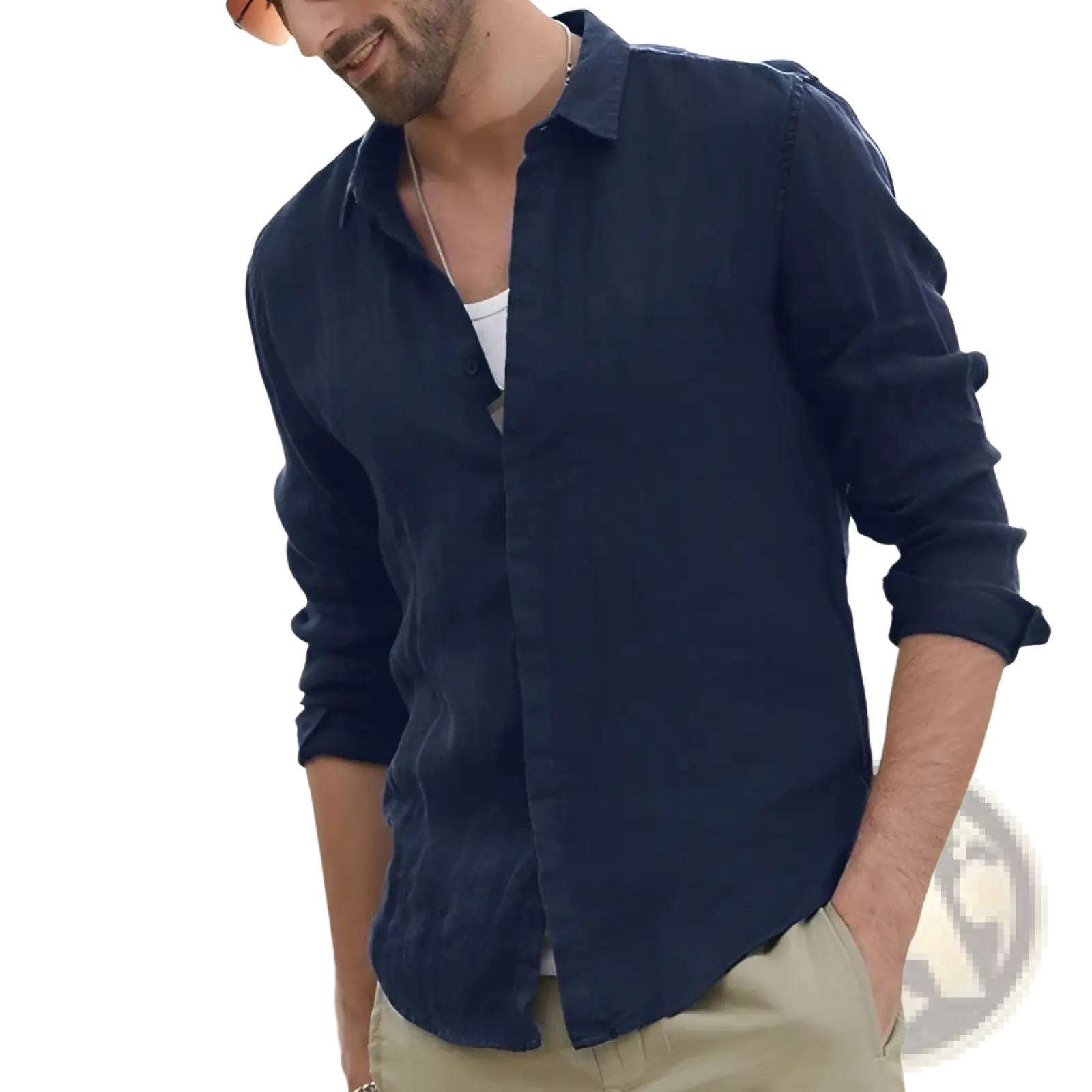 Men’s premium textured navy blue linen blend long sleeve button-up shirt with rolled sleeves and subtle texture