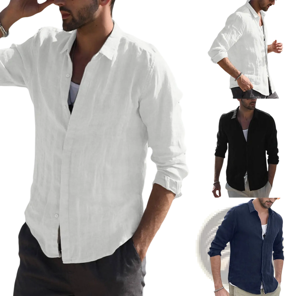 Men’s premium textured linen blend long sleeve shirt in white with classic collar and rolled-up sleeves