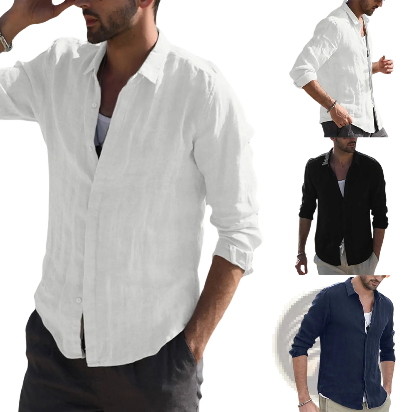 Men’s premium textured linen blend long sleeve shirt in white with classic collar and rolled-up sleeves