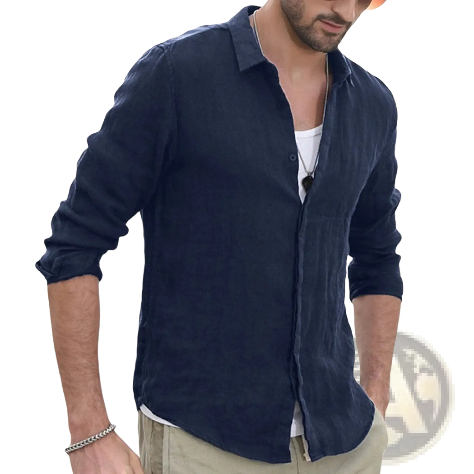 Men’s premium navy blue linen blend long sleeve button-up shirt with rolled sleeves and subtle textured weave