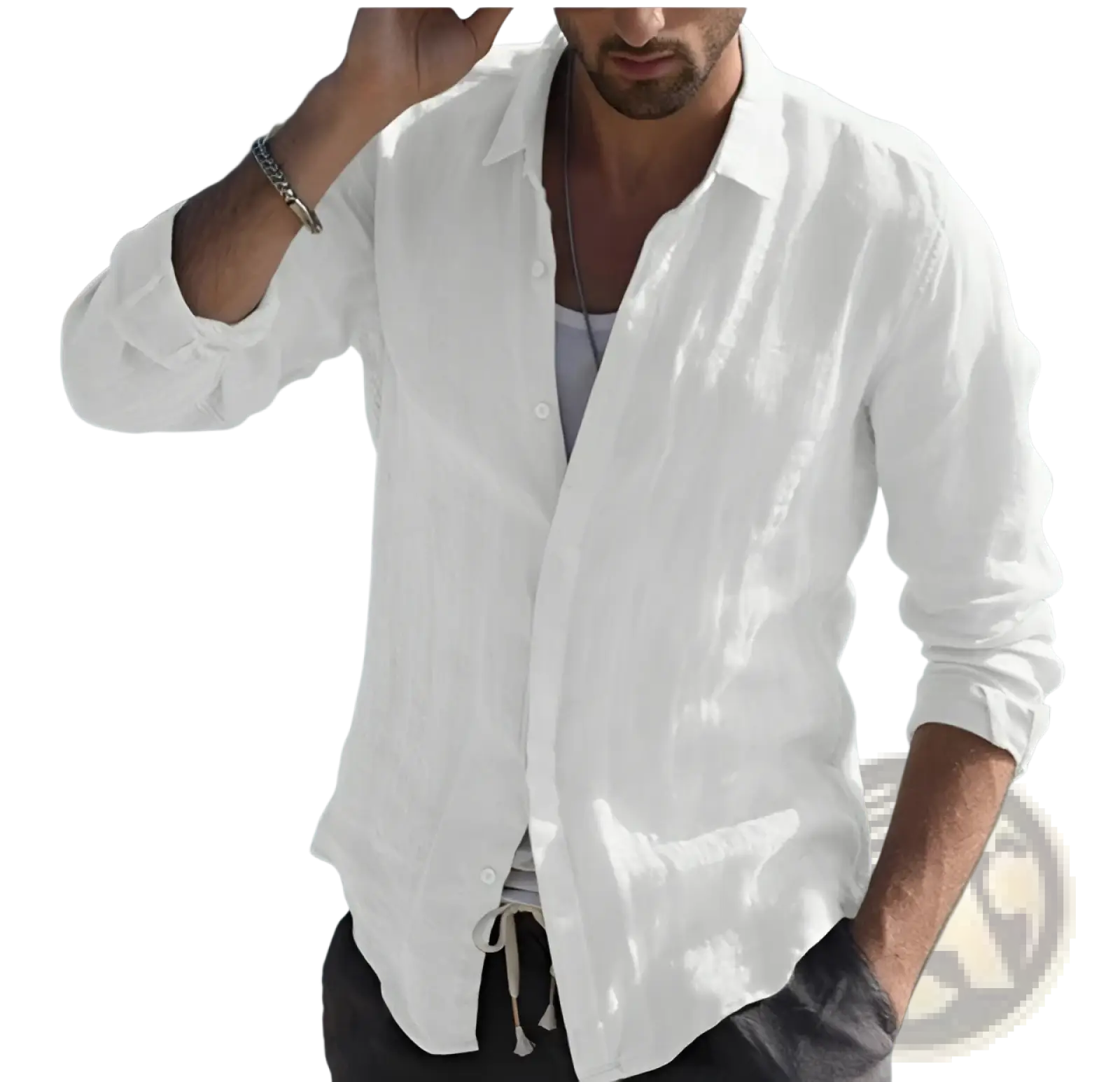 Men’s premium white textured linen blend long sleeve shirt with rolled up sleeves and subtle fabric texture