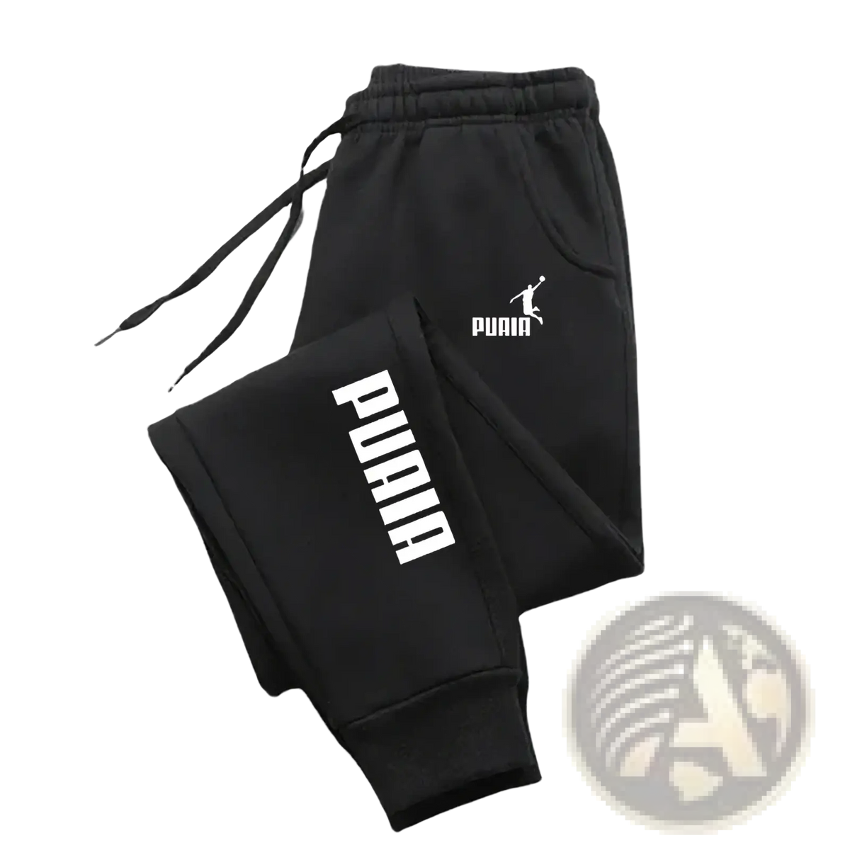 Mens black puma print joggers casual streetwear sweatpants with white vertical branding and logo on the thigh