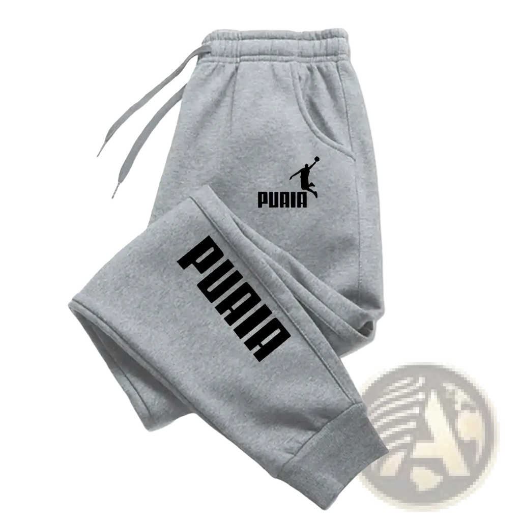 Mens print joggers casual streetwear sweatpants in gray with black logo and lettering for comfortable daily wear