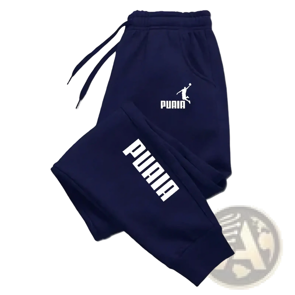 Mens navy blue puma print joggers casual streetwear sweatpants with white logo branding on the leg