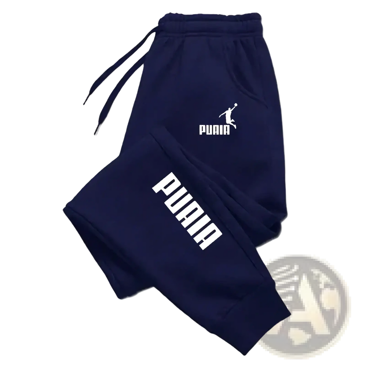 Mens navy blue puma print joggers casual streetwear sweatpants with white logo branding on the leg