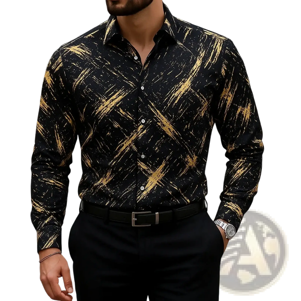 Men’s black long-sleeved button down shirt with bold gold abstract brushstroke pattern for casual wear