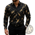 Men’s black long-sleeved button down shirt with bold gold abstract brushstroke pattern for casual wear