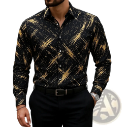 Men’s black long-sleeved button down shirt with bold gold abstract brushstroke pattern for casual wear
