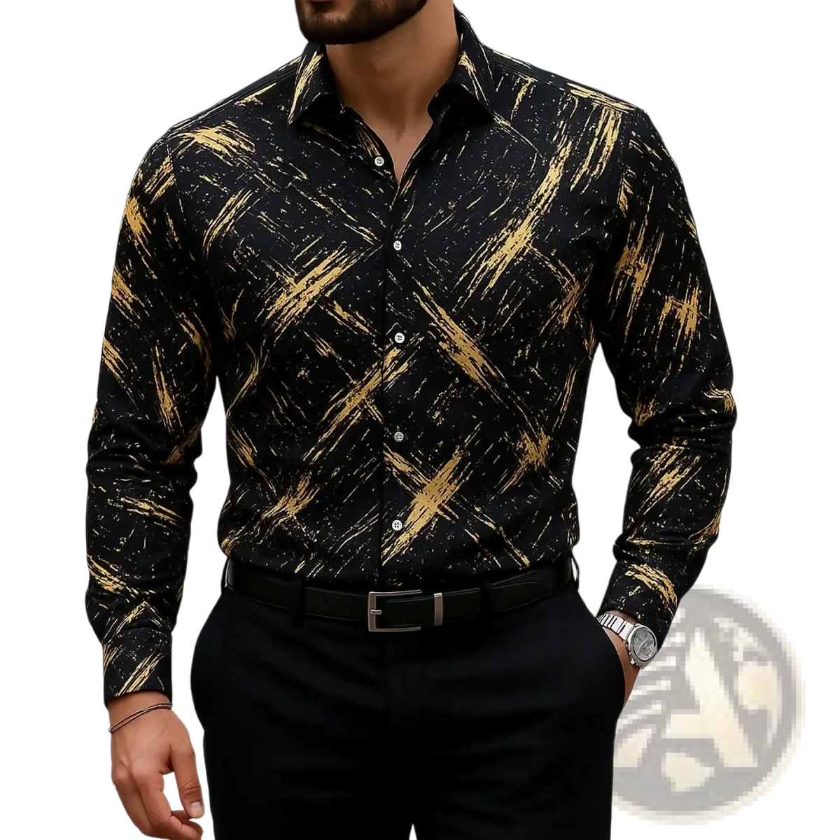 Men’s black long-sleeved button down shirt with bold gold abstract brushstroke pattern for casual wear