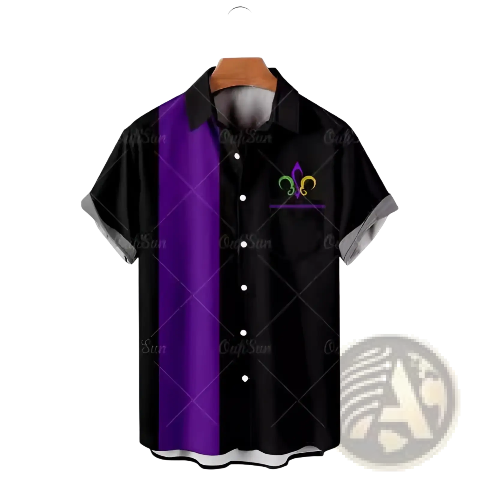 Men’s printed Hawaiian summer vacation shirt featuring a black and purple short-sleeved design with rainbow fleur-de-lis