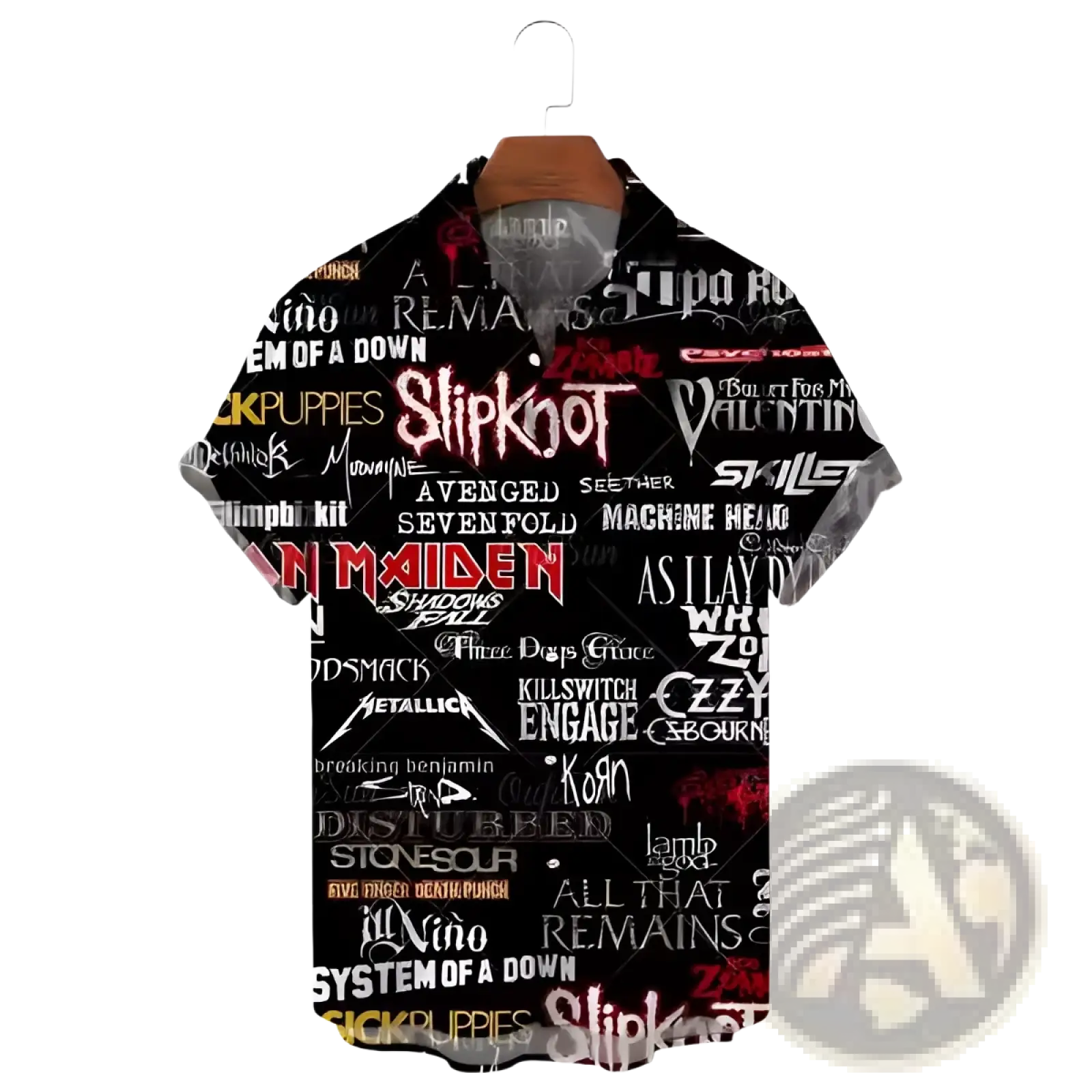 Men’s black short-sleeved Hawaiian summer vacation shirt with bold white and red band name prints