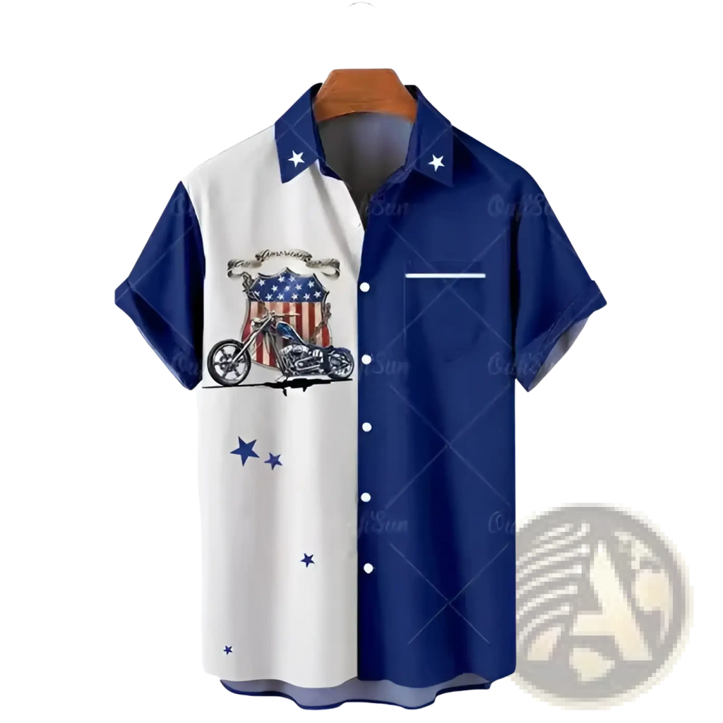 Men’s printed Hawaiian summer vacation shirt in blue and white featuring a motorcycle graphic with american flag accents