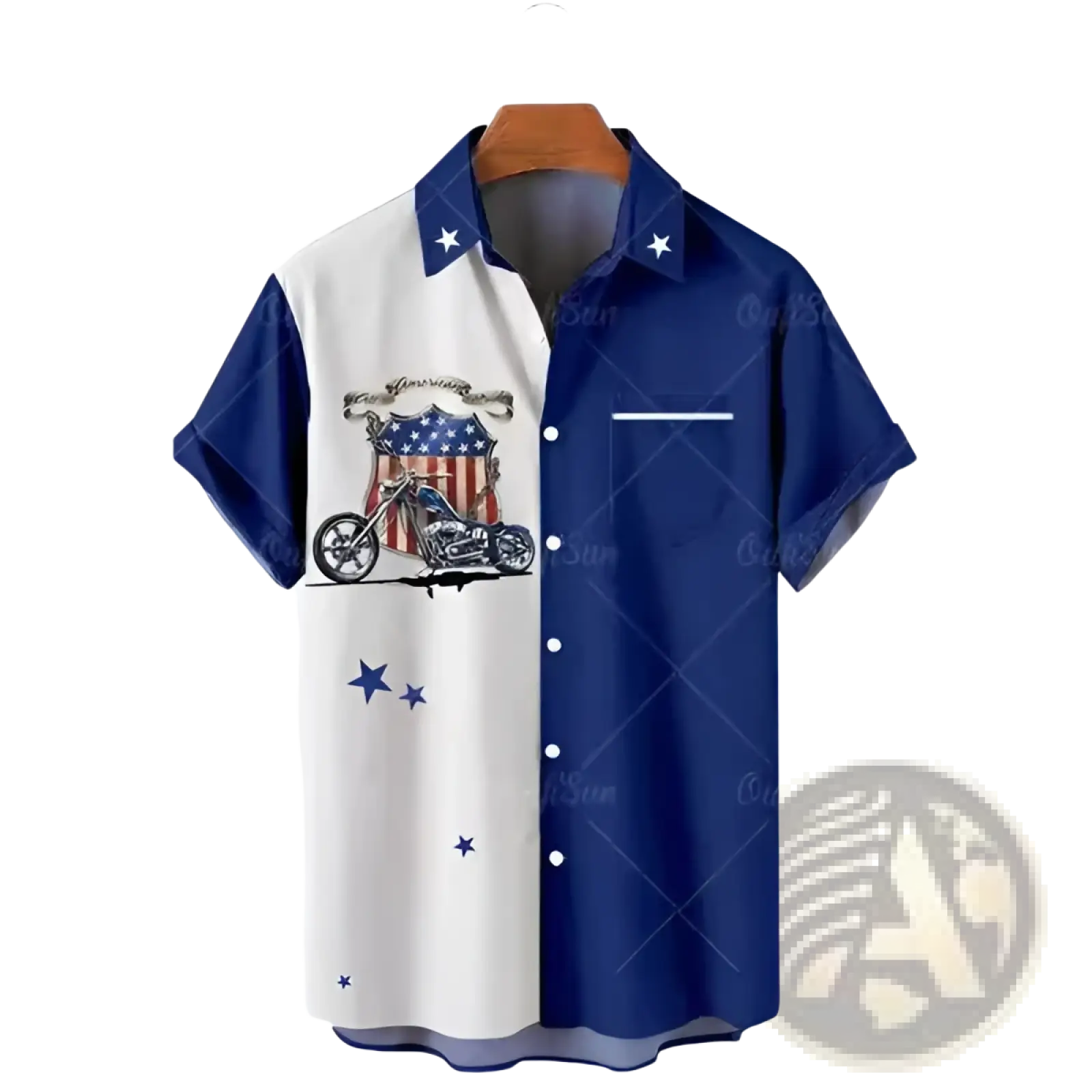Men’s printed Hawaiian summer vacation shirt in blue and white featuring a motorcycle graphic with american flag accents