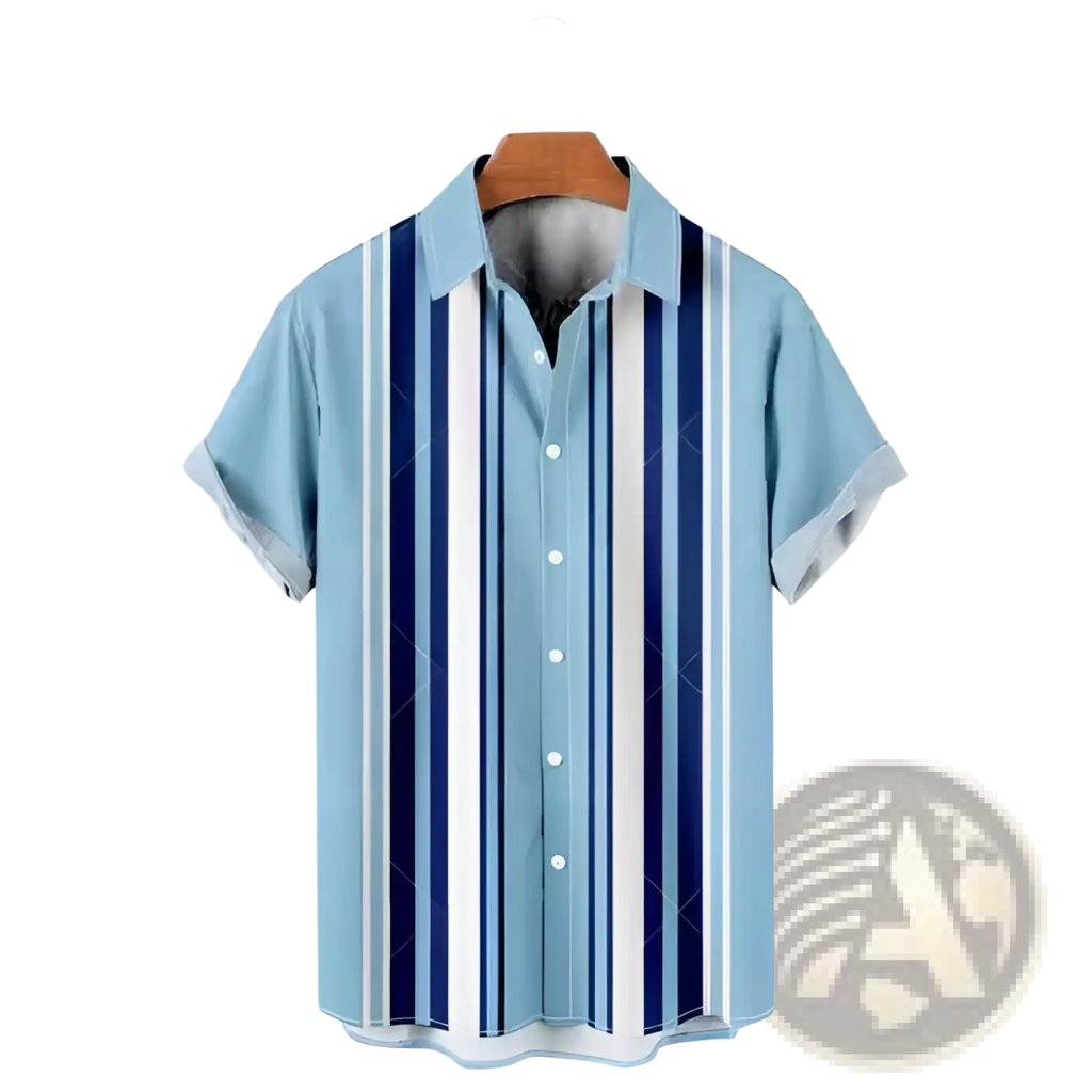 Men’s printed Hawaiian summer vacation shirt featuring light blue short sleeves with navy white stripes and geometric patterns