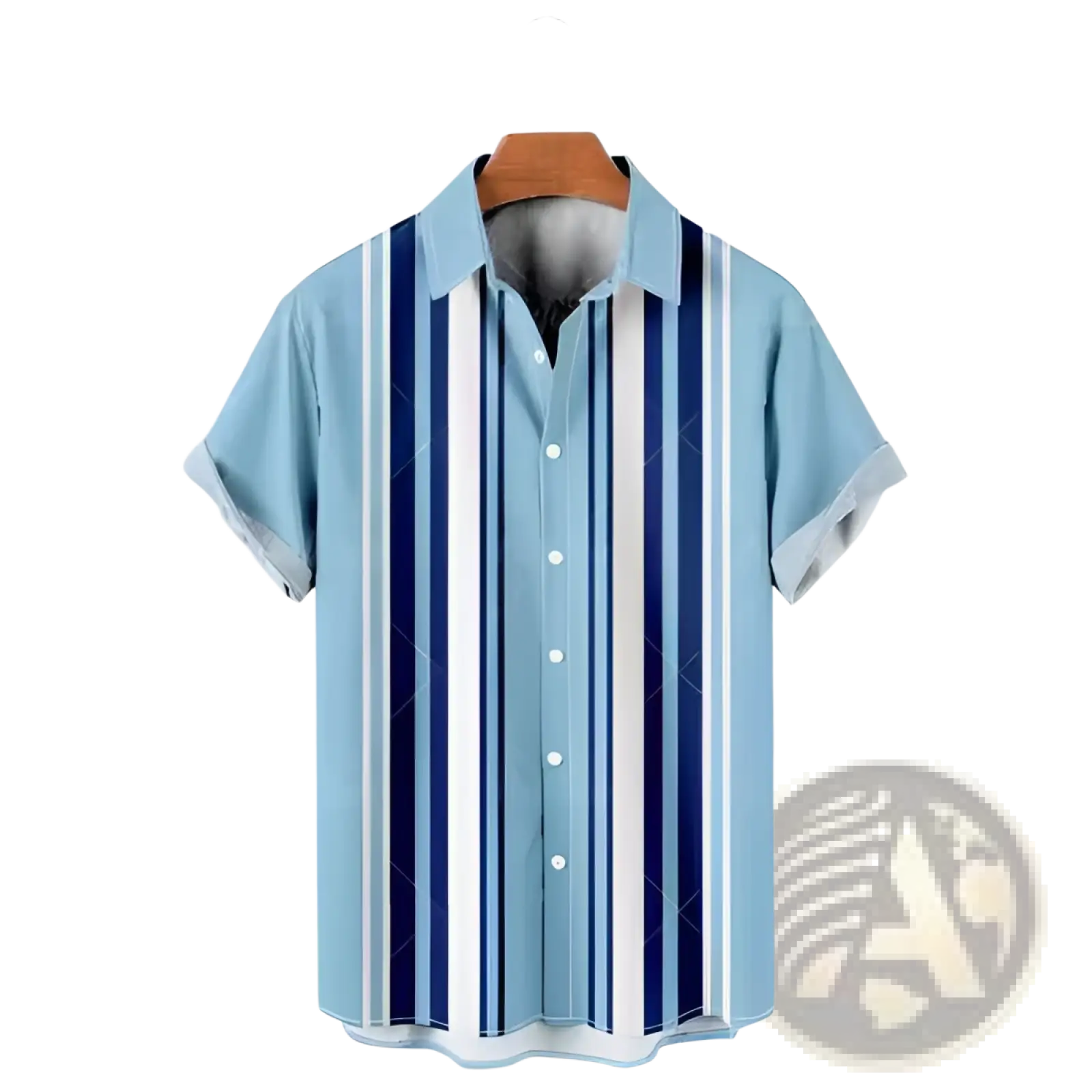 Men’s printed Hawaiian summer vacation shirt featuring light blue short sleeves with navy white stripes and geometric patterns