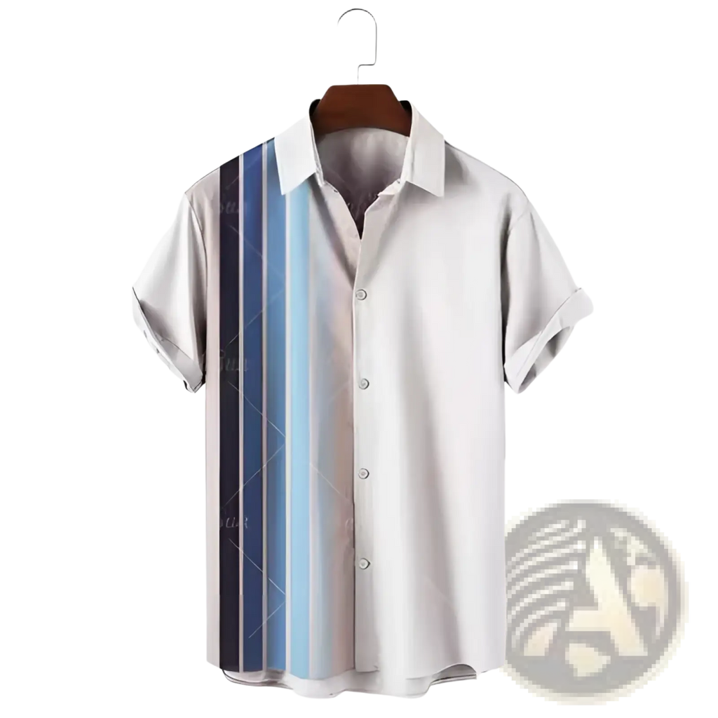 Men’s printed Hawaiian summer vacation shirt in light gray with blue and black vertical stripes on the left side hanging