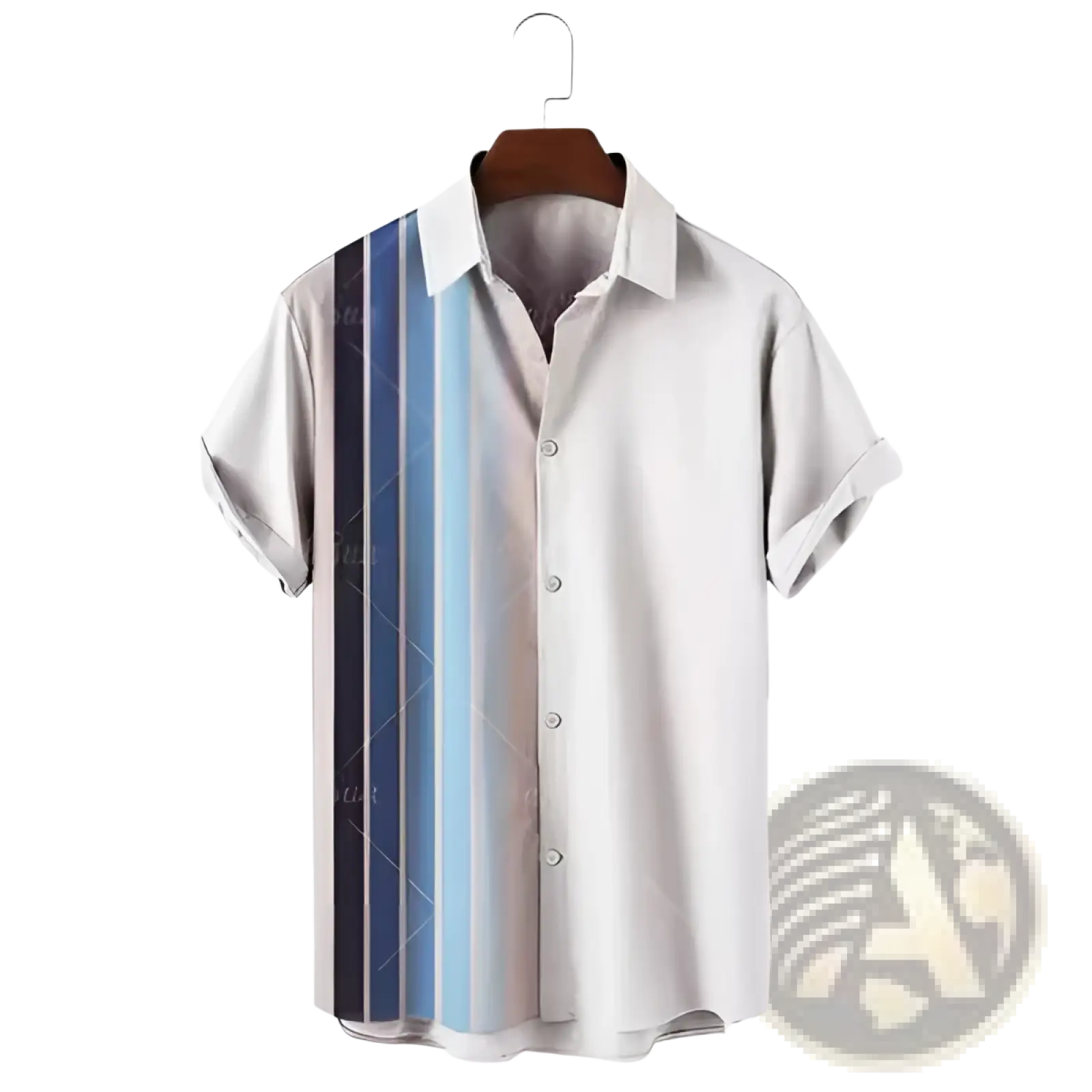 Men’s printed Hawaiian summer vacation shirt in light gray with blue and black vertical stripes on the left side hanging