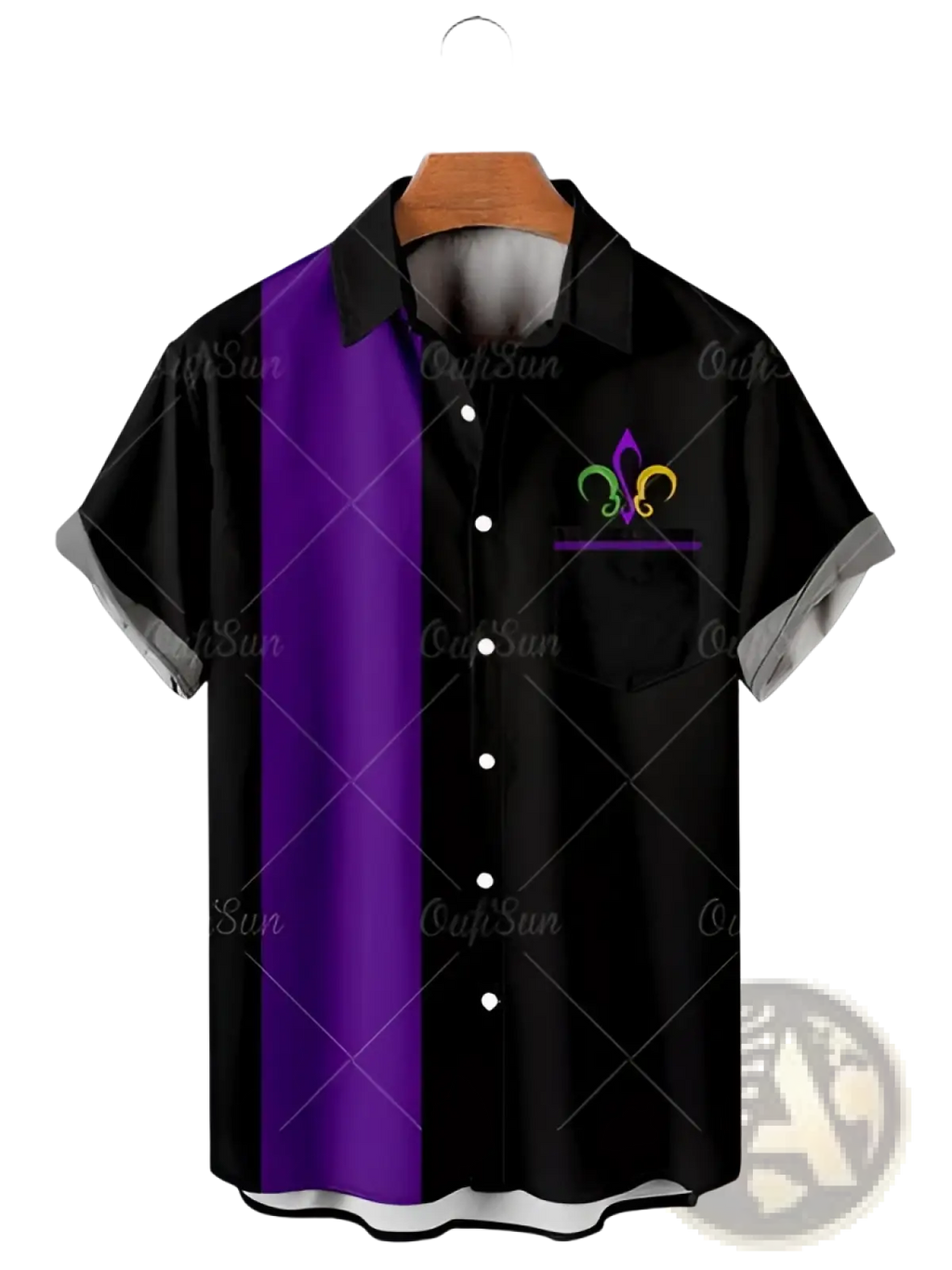 Men’s printed Hawaiian summer vacation shirt in black and purple with a colorful fleur-de-lis emblem on the chest