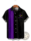 Men’s printed Hawaiian summer vacation shirt in black and purple with a colorful fleur-de-lis emblem on the chest