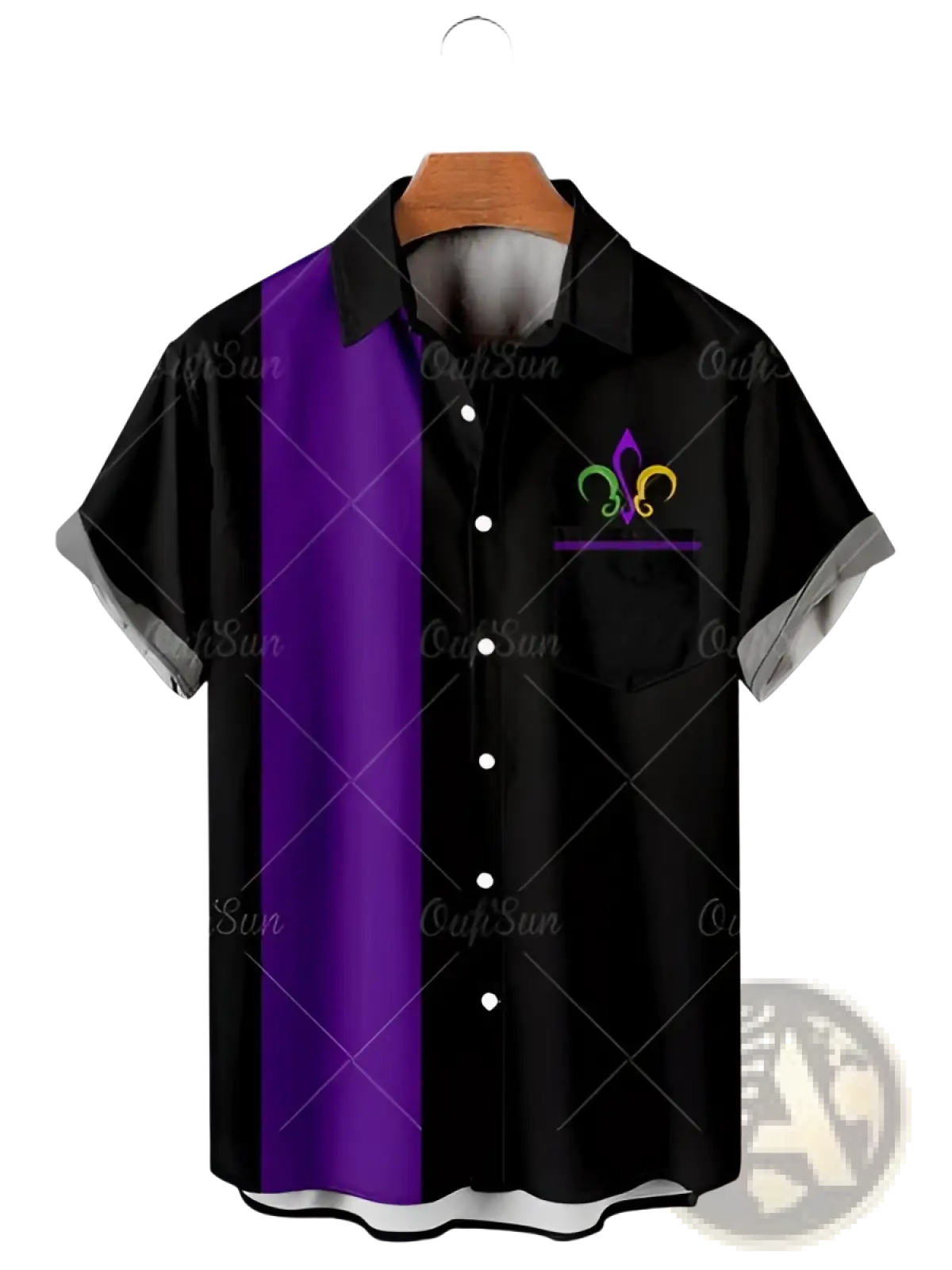 Men’s printed Hawaiian summer vacation shirt in black and purple with a colorful fleur-de-lis emblem on the chest