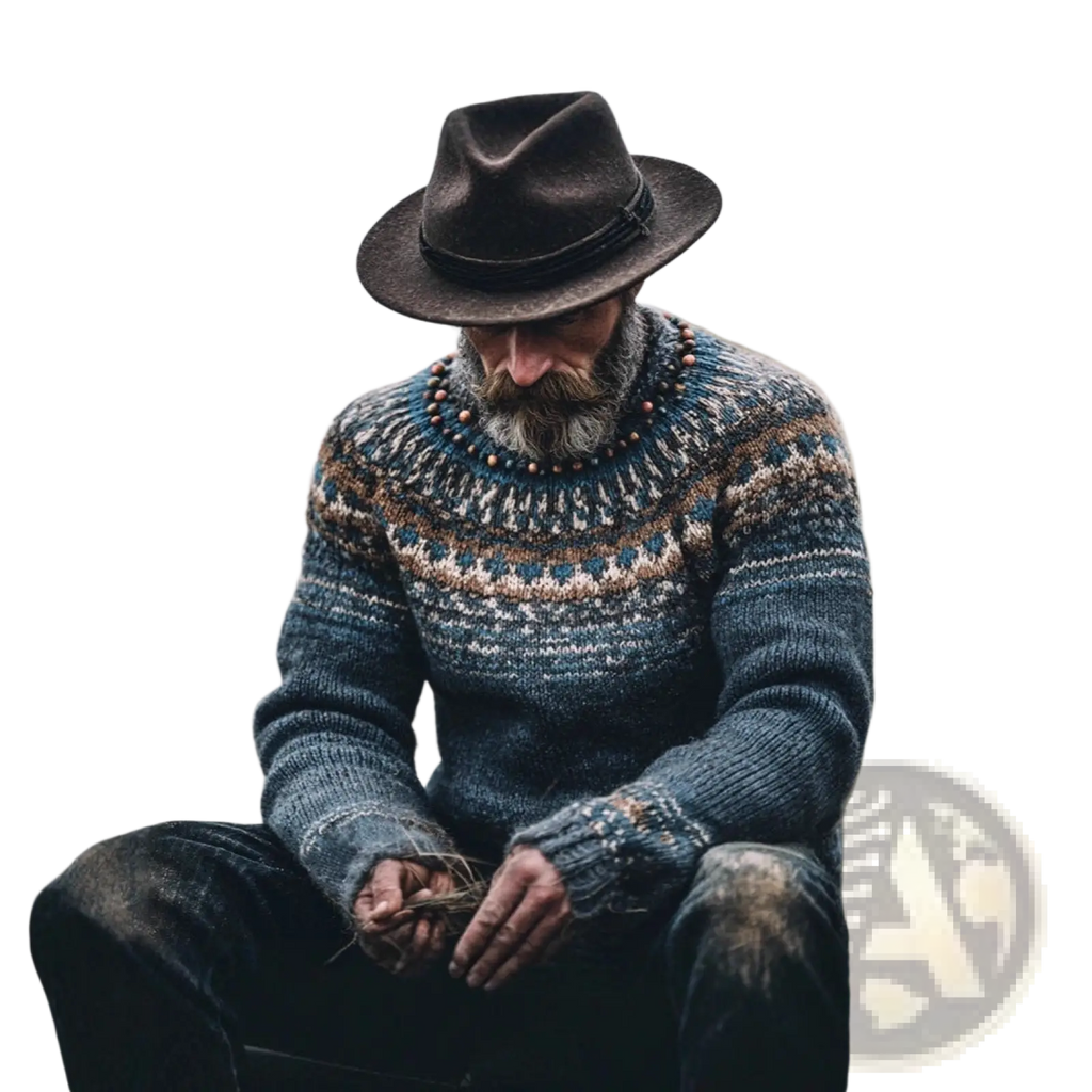 A man wearing a dark brown felt fedora and a mens printed pullover geometric long sleeve hand-knitted sweater