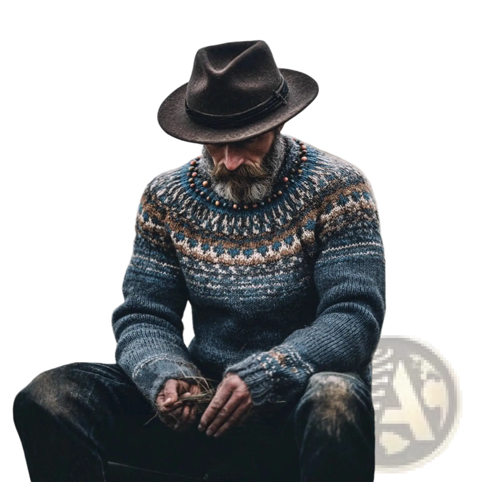 A man wearing a dark brown felt fedora and a mens printed pullover geometric long sleeve hand-knitted sweater