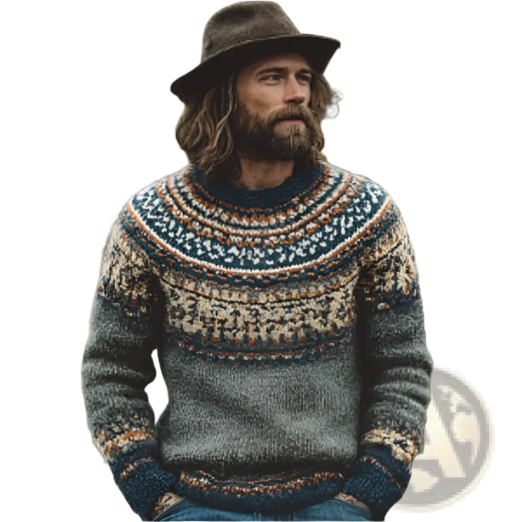 Mens printed pullover geometric long sleeve sweater in muted gray hand-knitted with teal cream and rust patterns