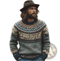Mens printed pullover geometric long sleeve sweater in muted gray hand-knitted with teal cream and rust patterns