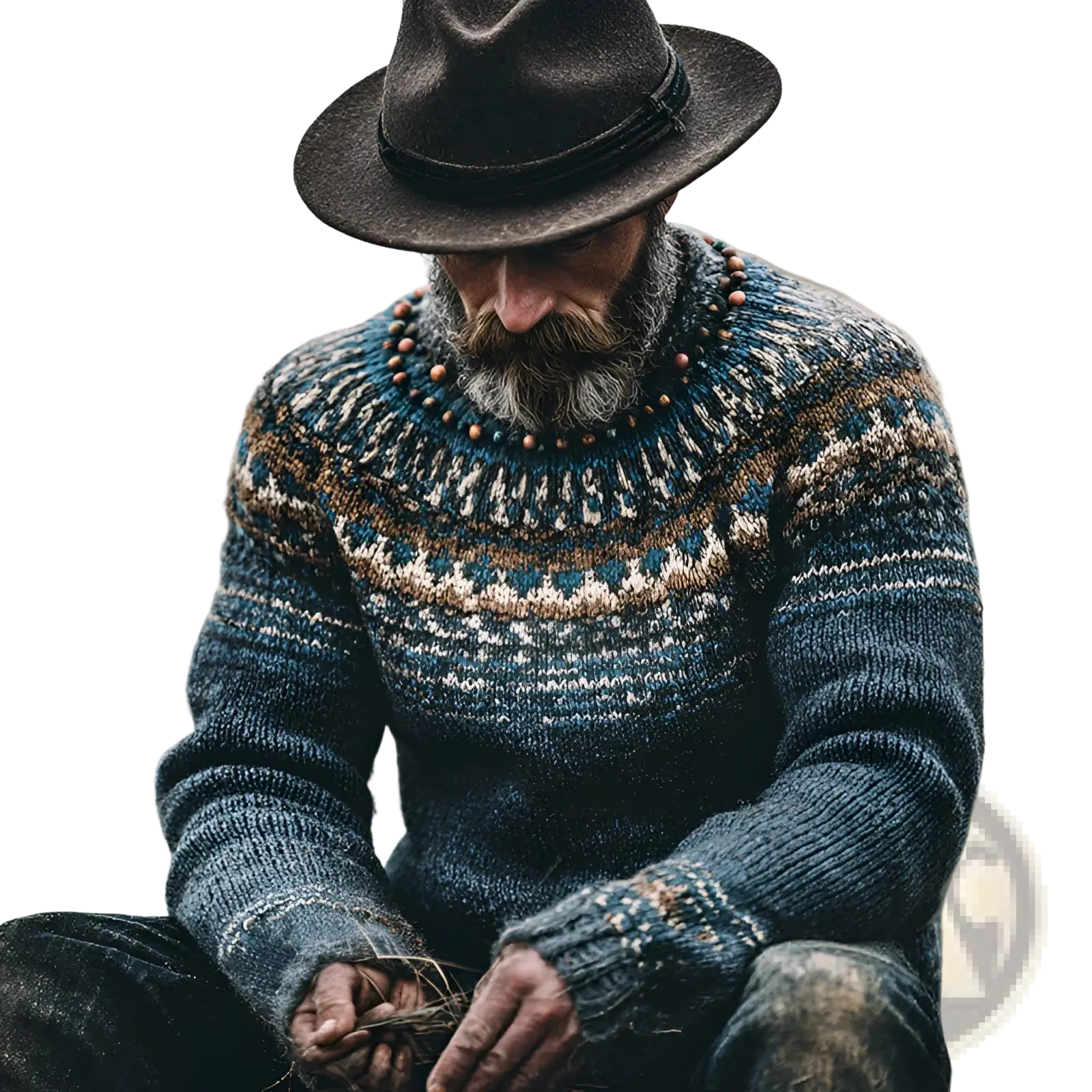 A man wearing a dark brown felt fedora and a hand knitted mens printed pullover geometric long sleeve sweater in blue beige and white