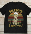 Men’s vintage black cotton t-shirt with skeleton graphic wearing white turban and retro rainbow sunset print