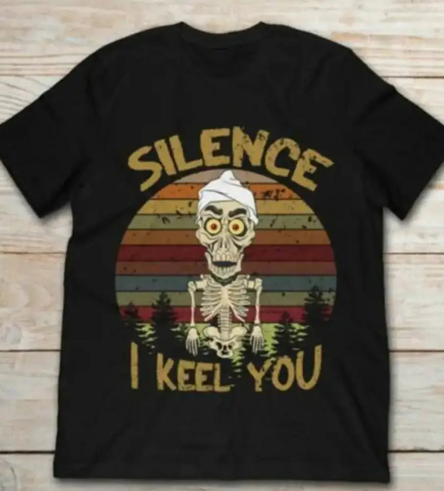 Men’s vintage black cotton t-shirt with skeleton graphic wearing white turban and retro rainbow sunset print
