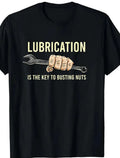 Men’s black cotton t-shirt with lubrication is the key graphic featuring hand gripping adjustable wrench in beige text
