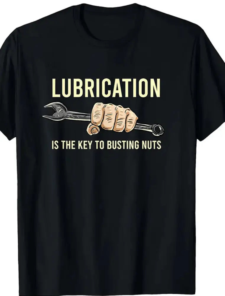 Men’s black cotton t-shirt featuring a hand gripping an adjustable wrench and beige lubrication is the key text graphic
