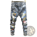 Men’s blue denim printed stretch slim jeans with vibrant statue of liberty graffiti and heart motifs design
