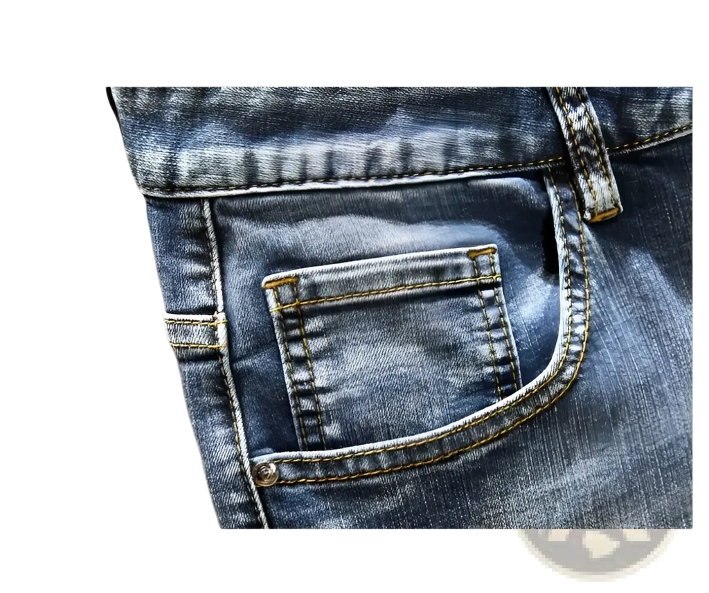 Men’s printed stretch slim blue denim jeans featuring a classic front pocket with contrasting stitching and metallic button